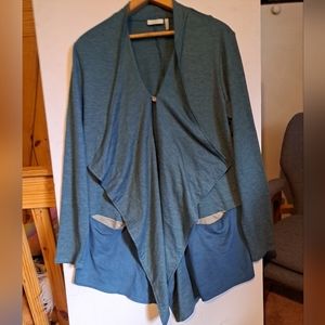 LOGO Lounge Waterfall French Terry Cardigan Faux Suede Hem Pockets Green Size M